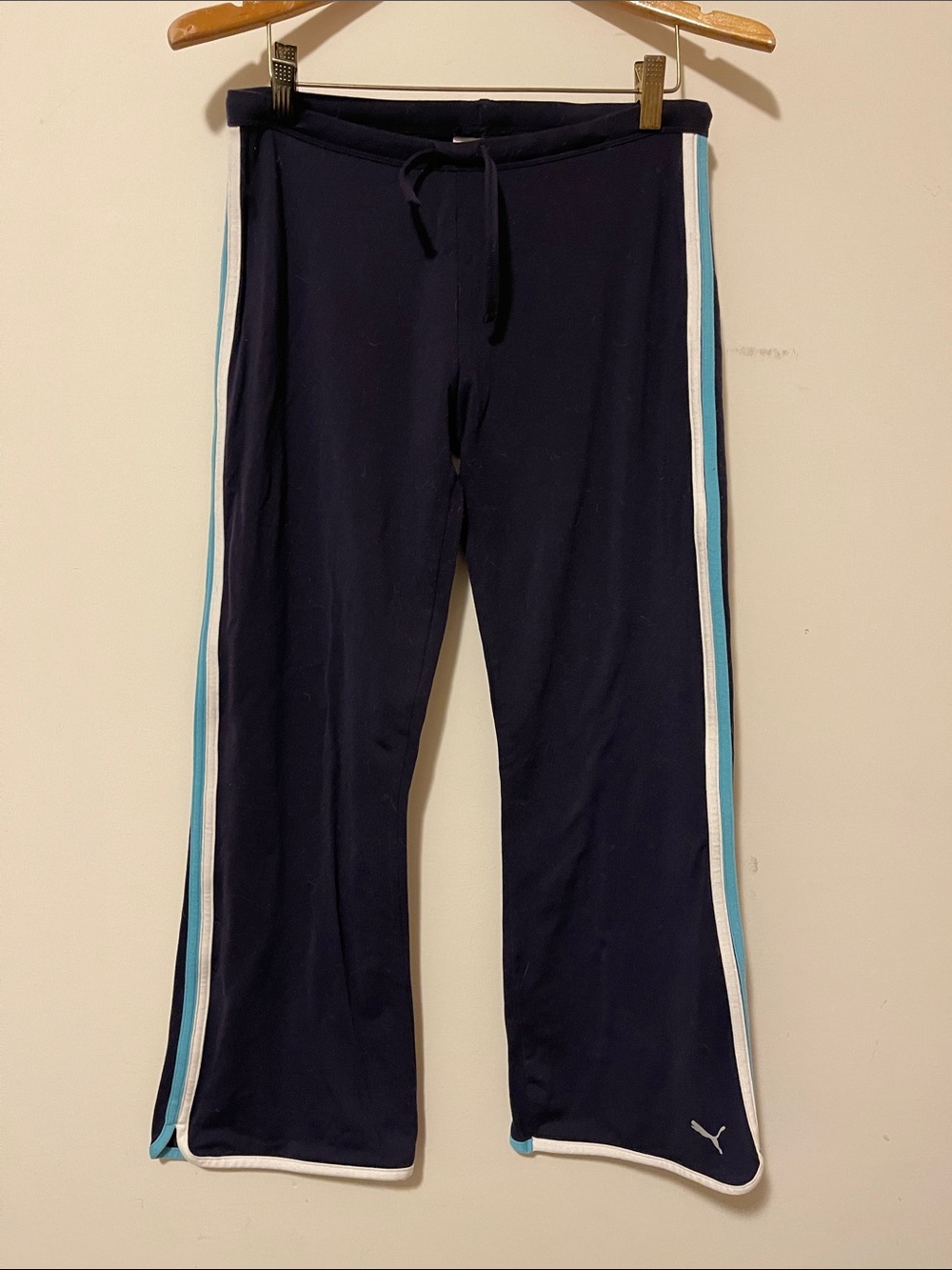 Puma Womens Navy Track Pants with Light Blue & White Side Stripes